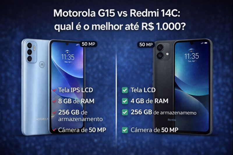 No momento, você está visualizando ATÉ R$ 1000 : Motorola G15 vs Redmi 14C Qual a melhor escolha de celular?