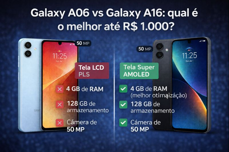 No momento, você está visualizando Galaxy A06 vs Galaxy A16: qual é o melhor até R$ 1.000?